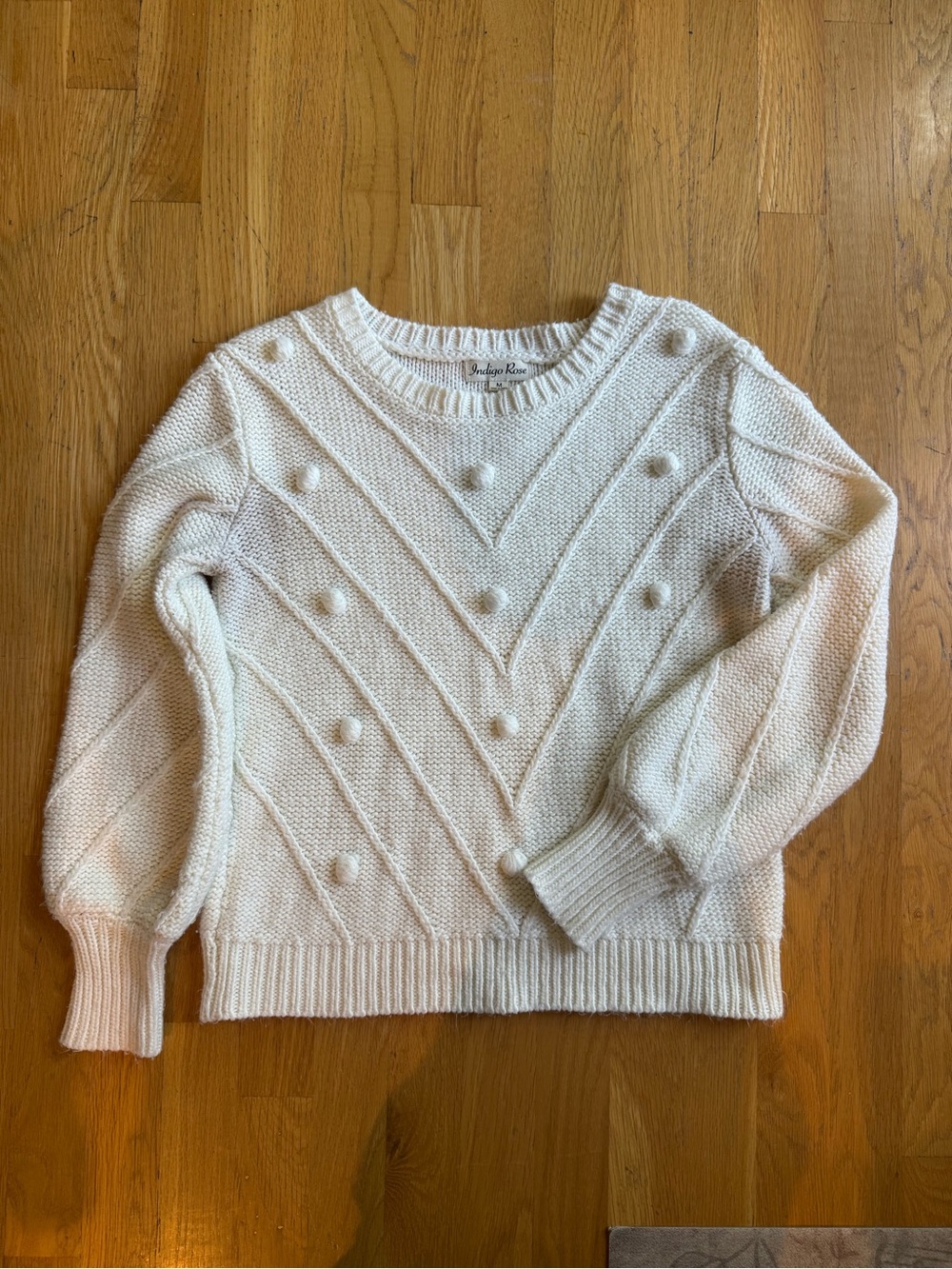 Indigo Rose Women's Ivory Pom-Pom Crewneck Sweater - Cozy Knit - Medium